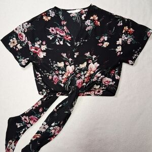 Urban Outfitters Black Floral Tie-Front Blouse